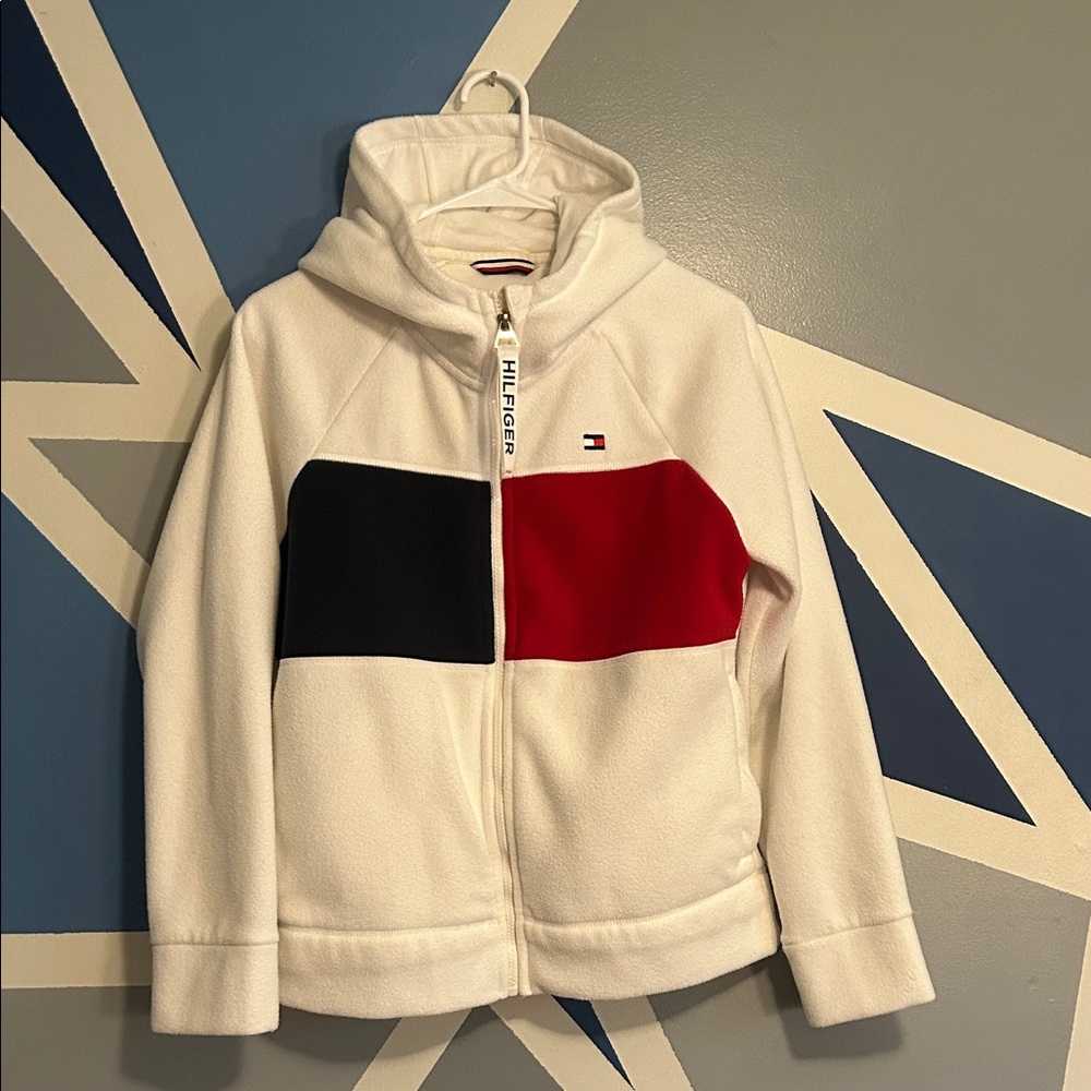 Tommy Hilfiger Kids White Fleece Jacket with Red & Navy Panels